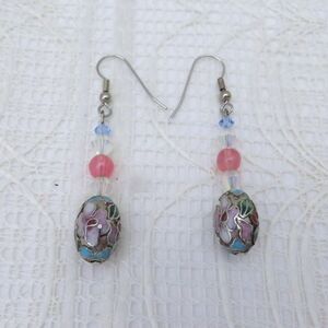 Handmade Dangle Earrings, Blue Cloisonne Bead, Crystal, Dressy Business Jewelry